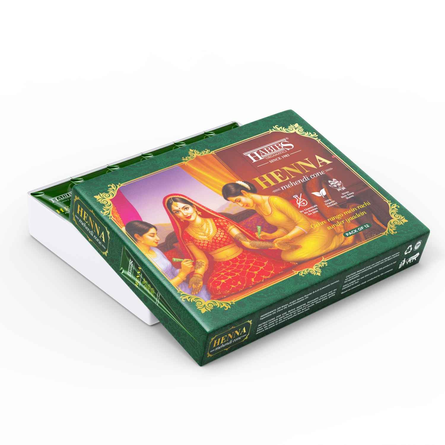 Habib’s Herbal Mehndi Cones for Hands & Feet – Safe, Dark & Rich Color (Pack of 12) - Habibs Orgamatics