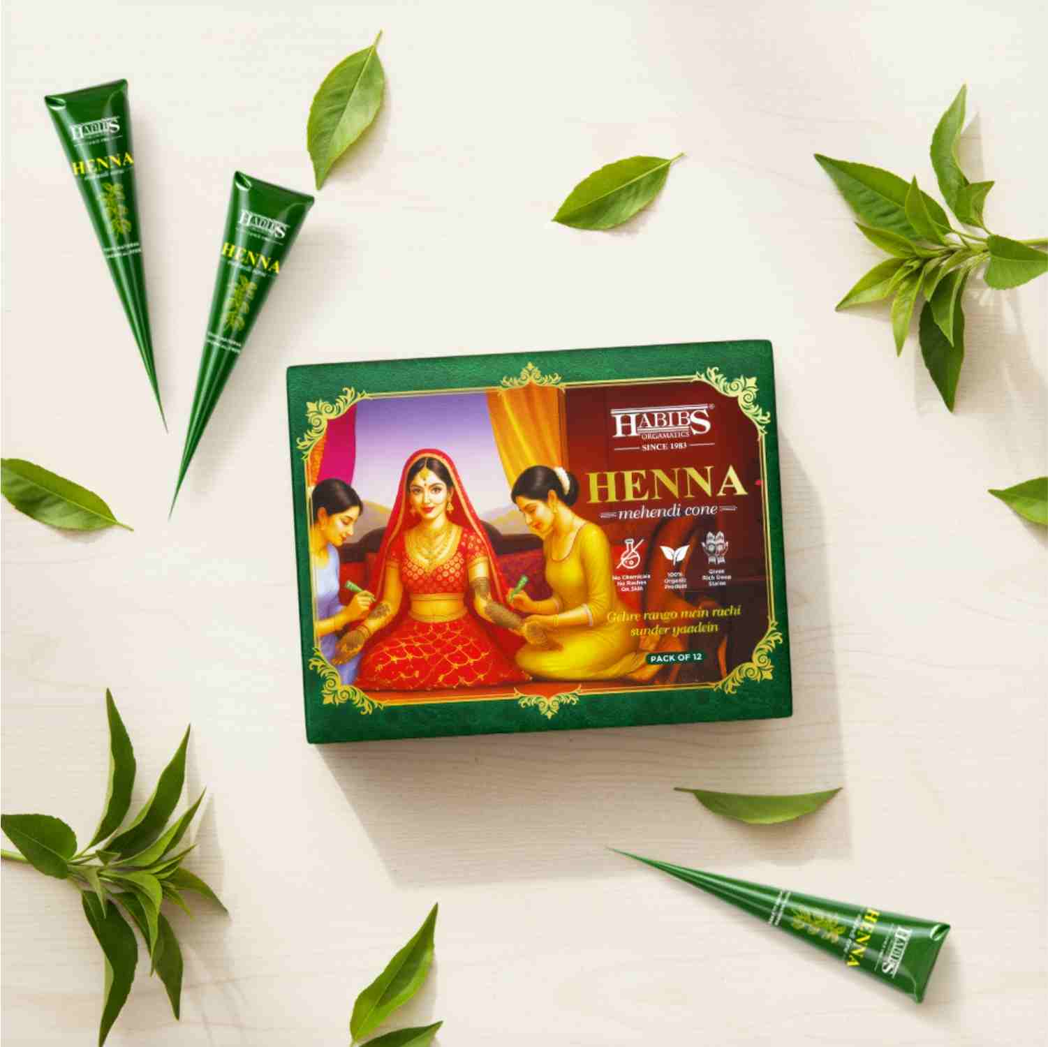 Habib’s Herbal Mehndi Cones for Hands & Feet – Safe, Dark & Rich Color (Pack of 12) - Habibs Orgamatics