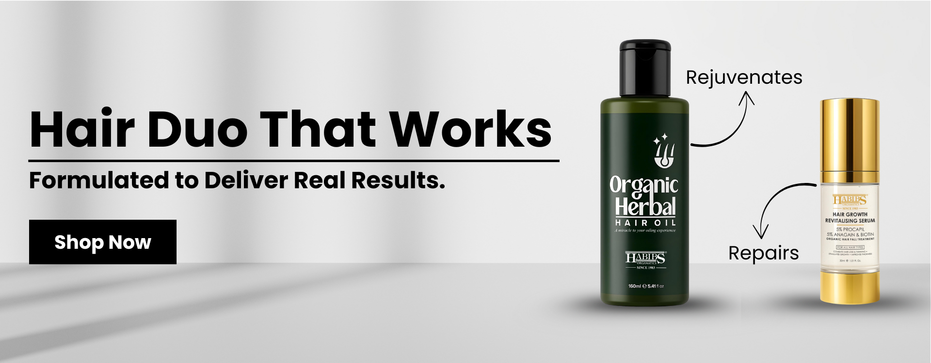 Two hair care products with text on a white background